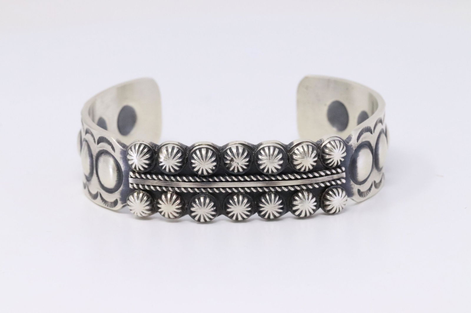 Native American Navajo Handmade Sterling Silver Solid: This is a Native American Navajo Handmade Sterling Silver Solid Bracelet by Martha Cayatineto (M.C). Bracelet Measuremente inside is 5.50