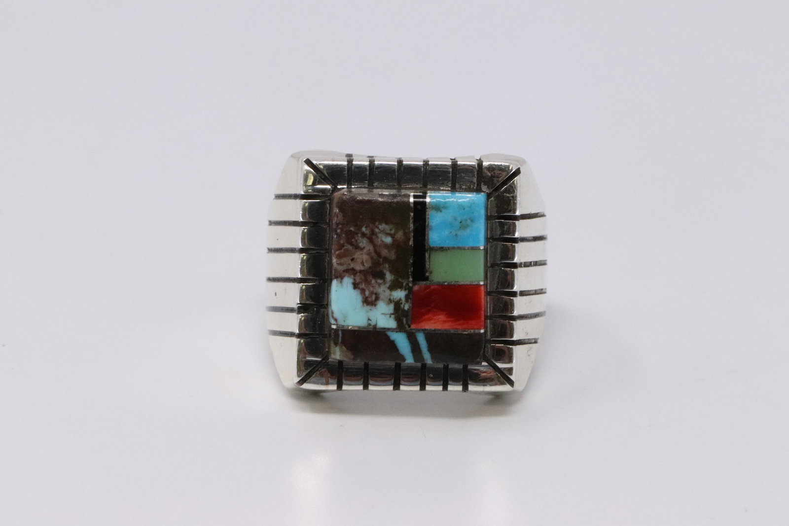 Native American Navajo Handmade Sterling Silver: This is a Native American Navajo Handmade Sterling Silver Multi-Color Inlay Ring by Ray Jack. Ring size is 9.25