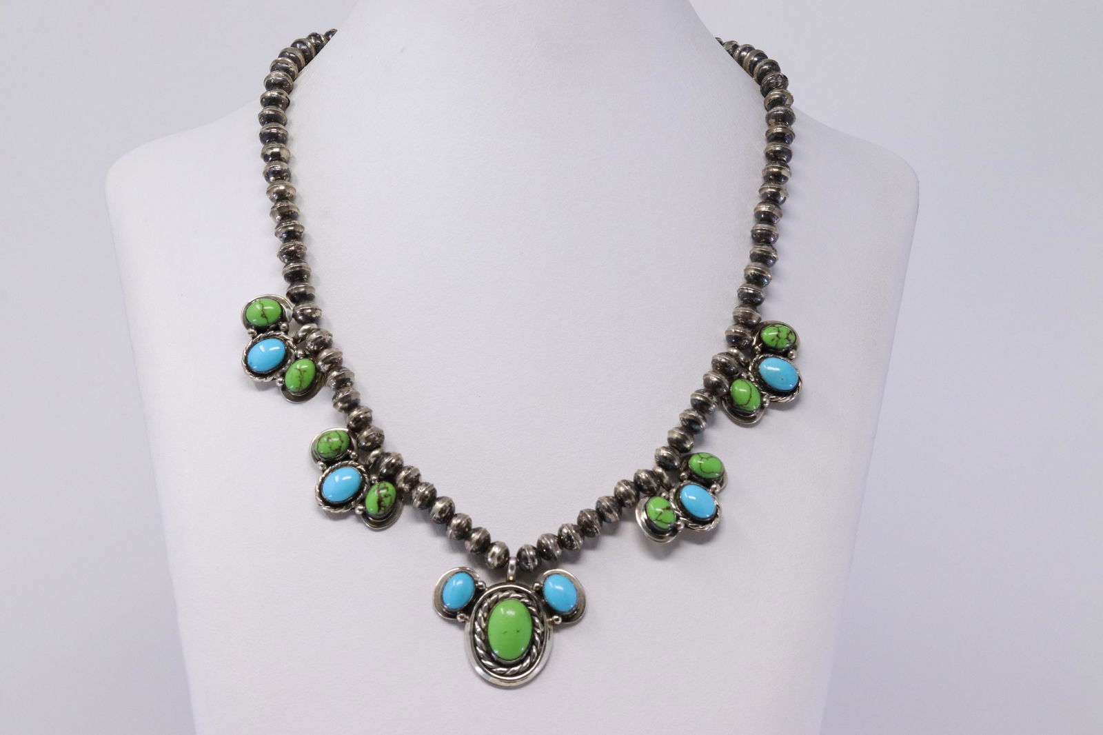 Native American Navajo Handmade Sterling Silver: This is a Native American Navajo Handmade Sterling Silver Turquoise & Spyni Oyster Necklace By Mike Smith. Necklace length: 18.00"