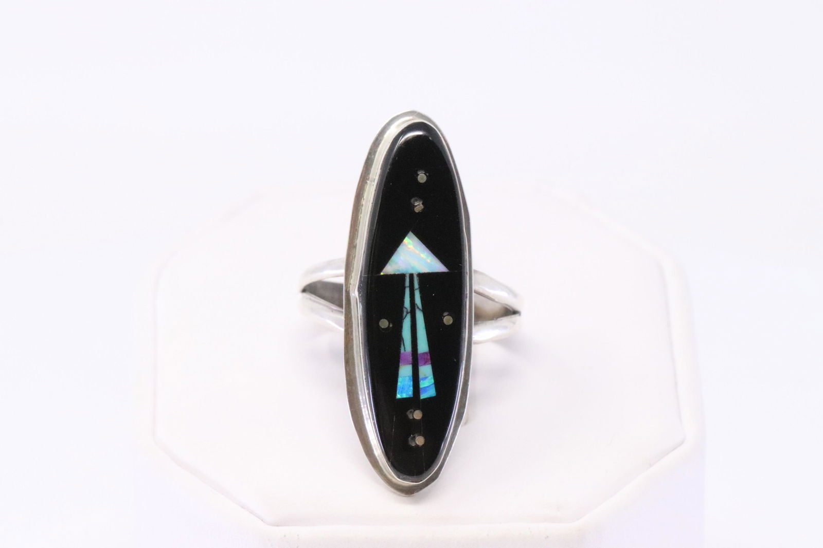 Native American Navajo Handmade Sterling Silver Inlay: This is a Native American Navajo Handmade Sterling Silver Inlay Sky Night Ring By S. Ring size: 10.00.