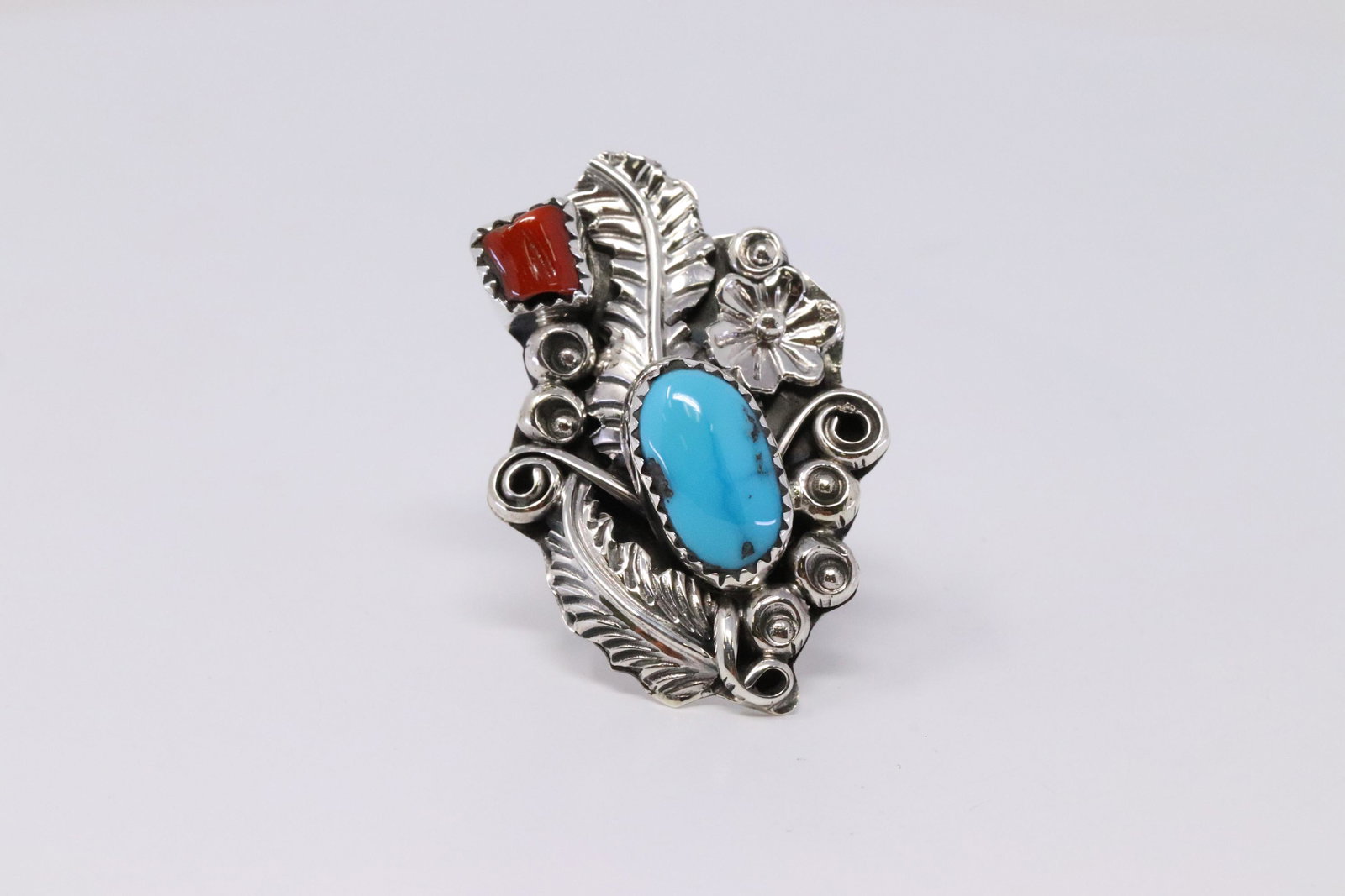 Native American Navajo Handmade Sterling Silver: This Is Native American Navajo Handmade Sterling Silver Turquoise and Coral Floral Ring By Harry. B Yazzie. Ring Size: 7.75 .