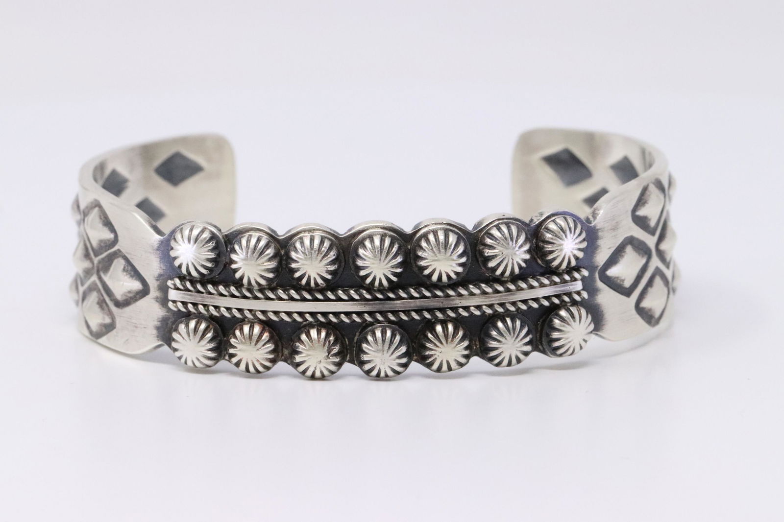 Native American Navajo Handmade Sterling Silver Solid: This is a Native American Navajo Handmade Sterling Silver Solid Bracelet by M.C. Bracelet Measurement inside is 5.50in