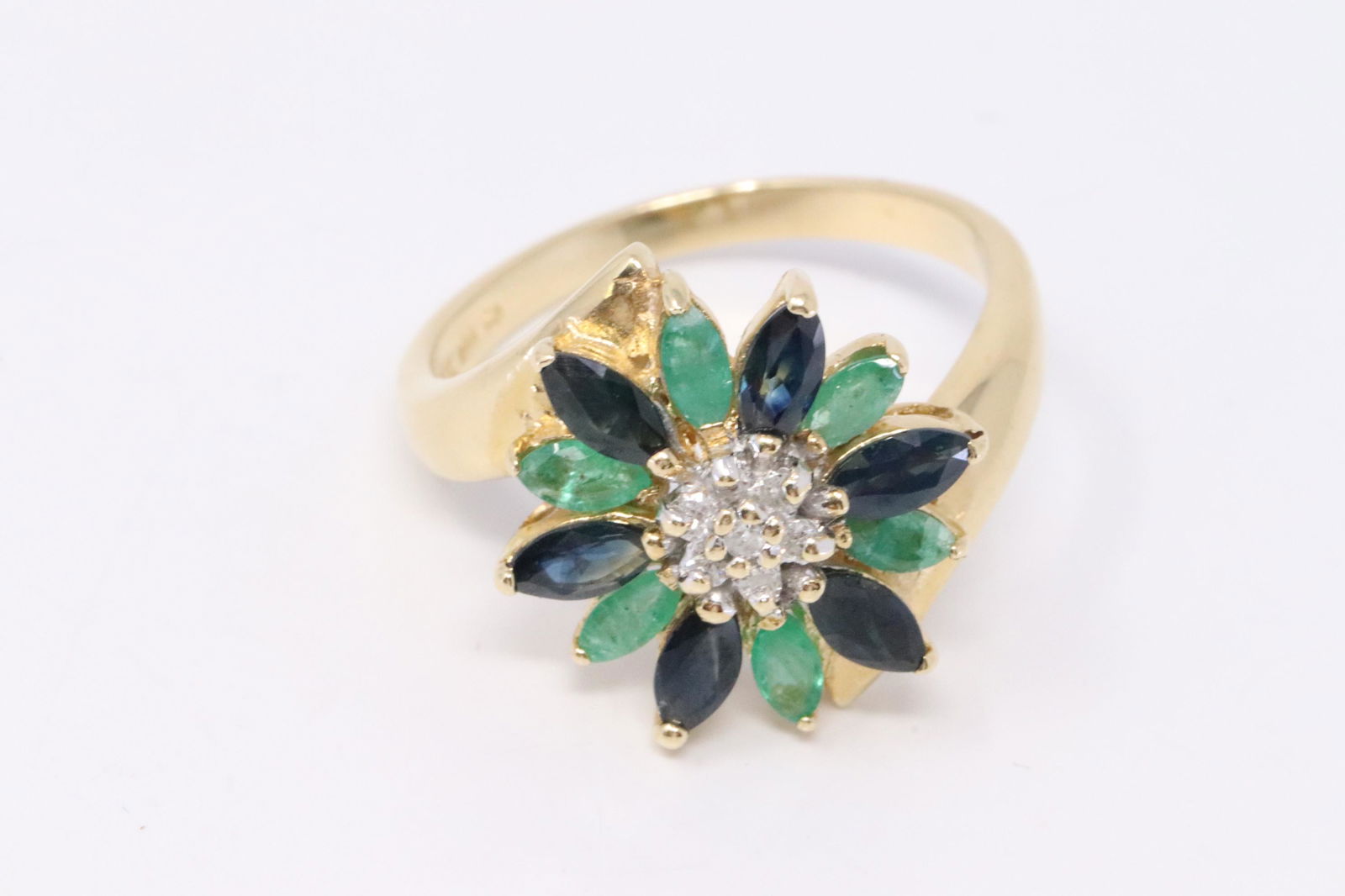 14Kt Flower Diamond Ring (Emerald&Sapphire) (1 of 3)