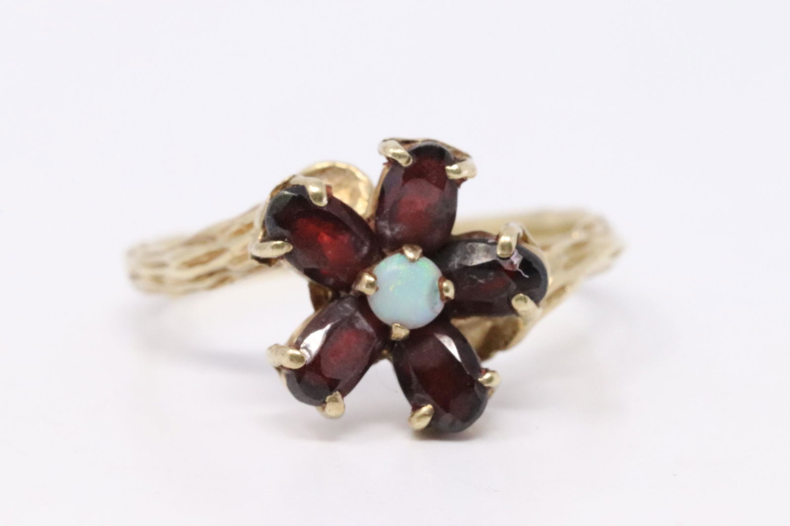 Lady's Yellow Gold Vintage Garnet & Opal Flower Ring. (1 of 4)