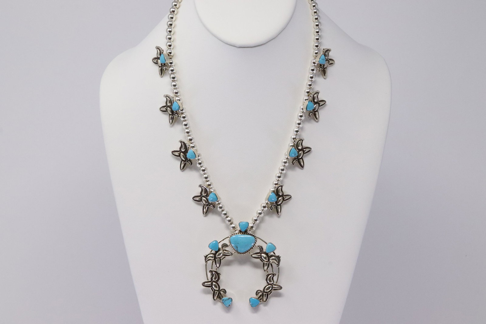 Native America Navajo Handmade Sterling Silver Horse: This is a ive America Navajo Handmade Sterling Silver Horse Turquoise Squash Blossom Necklace By R.B. Necklace length: 20.00"
