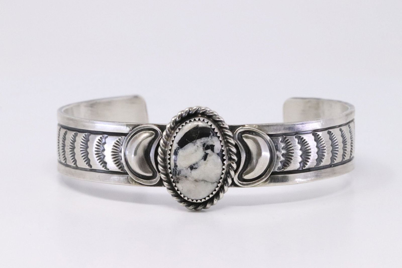Native American Navajo Handmade Sterling Silver White: This is a Native American Navajo Handmade Sterling Silver White Buffalo Bracelet By Rick Enriquez.