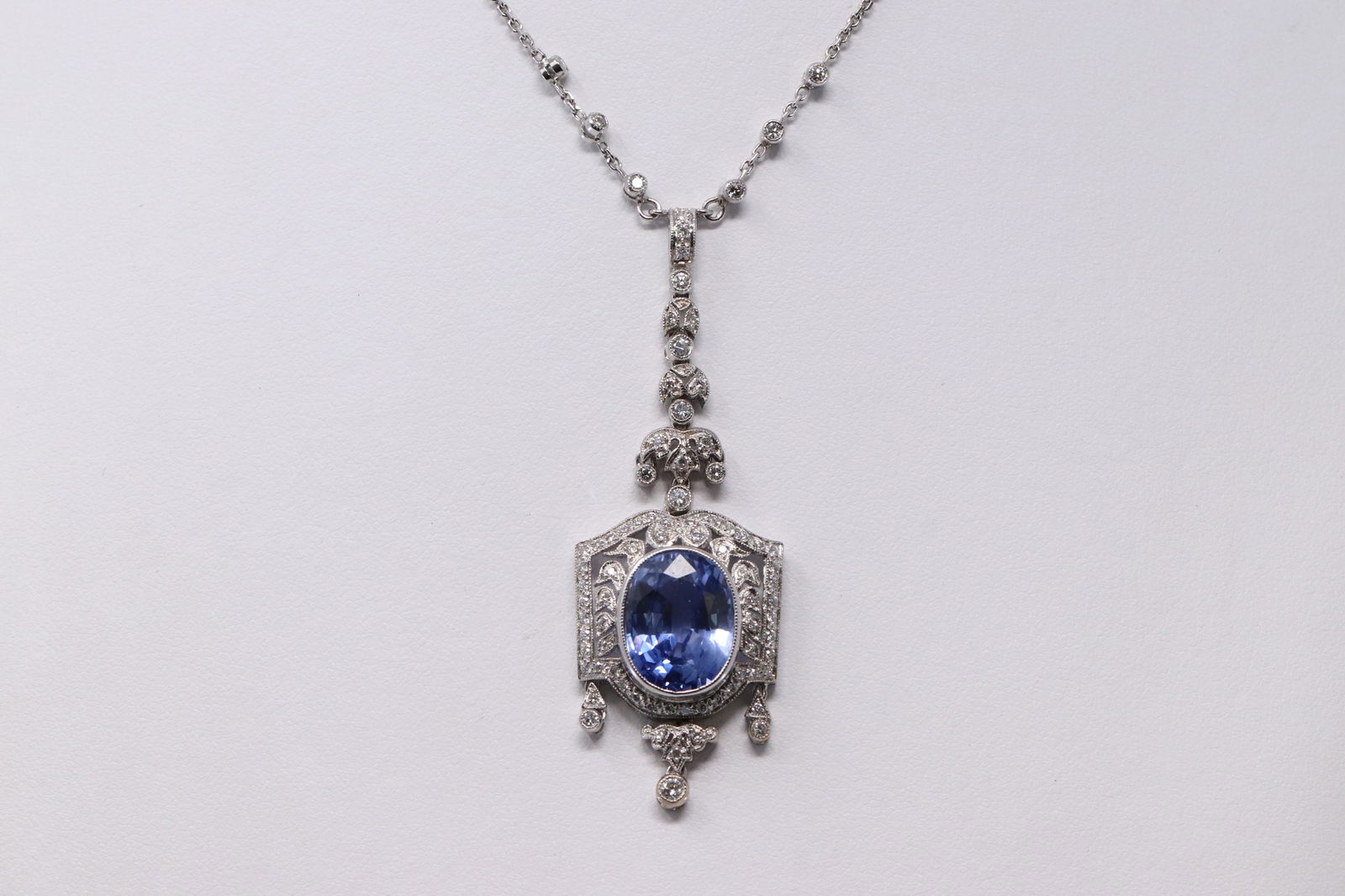 18Kt Vintage Sapphire Necklace w/ Round Diamonds (GIA) (1 of 9)