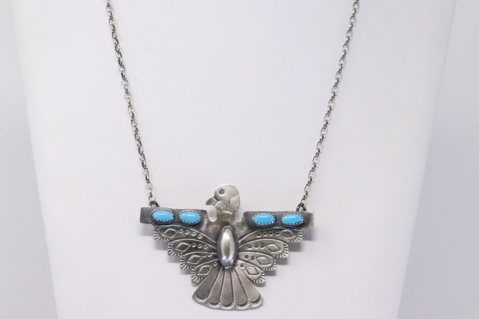 Native America Navajo Handmade Sterling Silver Bird: This is a Native America Navajo Handmade Sterling Silver Bird Turquoise Necklace By Tim Yazzie. Necklace length: 16.00"