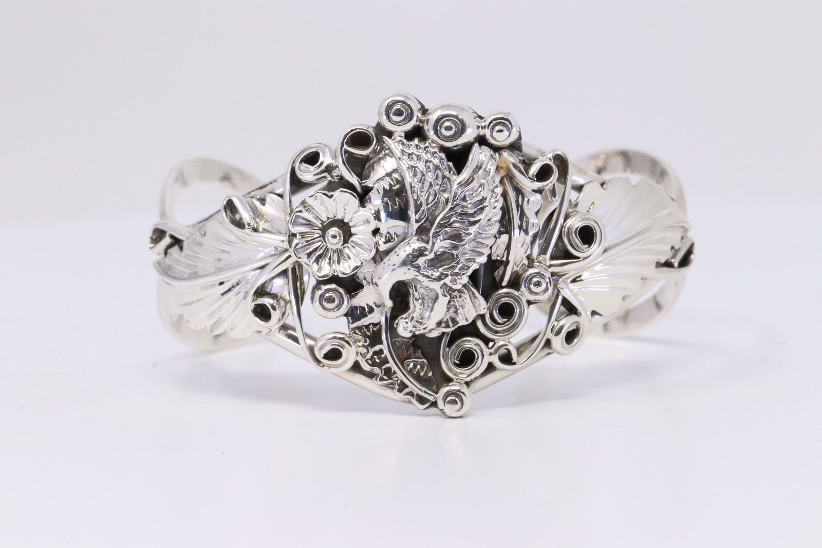 Native American Navajo Handmade Sterling Silver Eagle: This is a Native American Navajo Handmade Sterling Silver Eagle Leaf Bracelet by Harry B.Yazzie. Bracelet Measurement inside is 5.50in