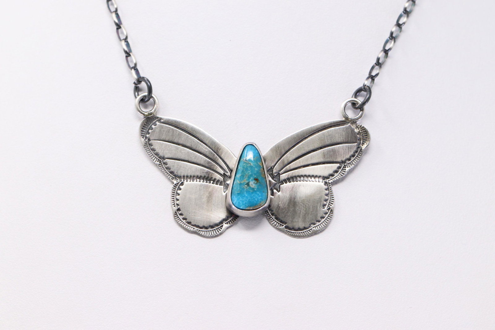 Native American Navajo Handmade Sterling Silver Kingman: This is Native American Navajo Handmade Sterling Silver Kingman Turquoise Butterfly Necklace By Rick Enriquez. Necklace length: 18.04"