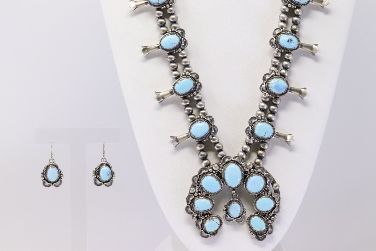 Native America Navajo Handmade Sterling Silver Golden: This is a Native America Navajo Handmade Sterling Silver Golden Hill Turquoise Squash Blossom Necklace & Earring's Set By Thomas Francisco. Necklace length: 26.00"