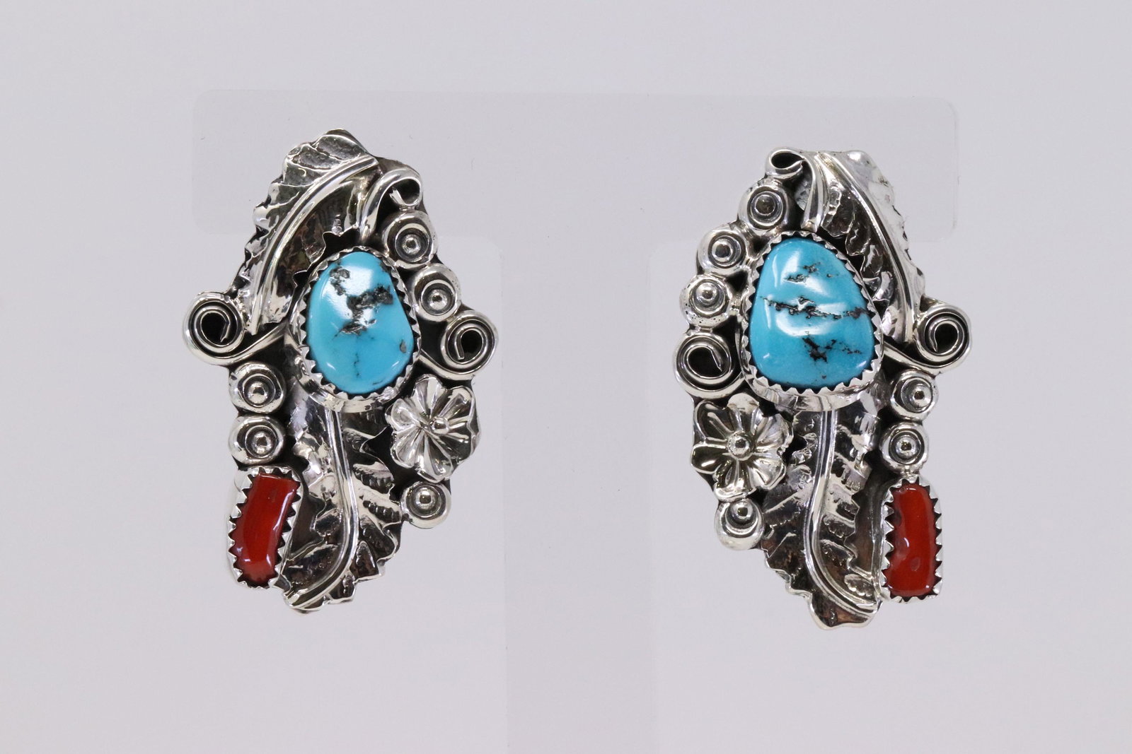 Native America Navajo Handmade Sterling Silver: This is a Native America Navajo Handmade Sterling Silver Coral-Turquoise Post Earring's By Harry B.Yazzie.