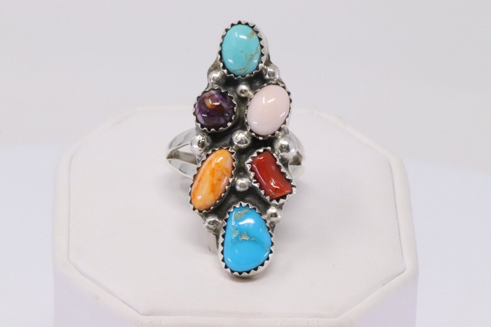 Native American Navajo Handmade Sterling Silver: This is a Native American Navajo Handmade Sterling Silver Multi-Color Ring By R.B. Ring size: