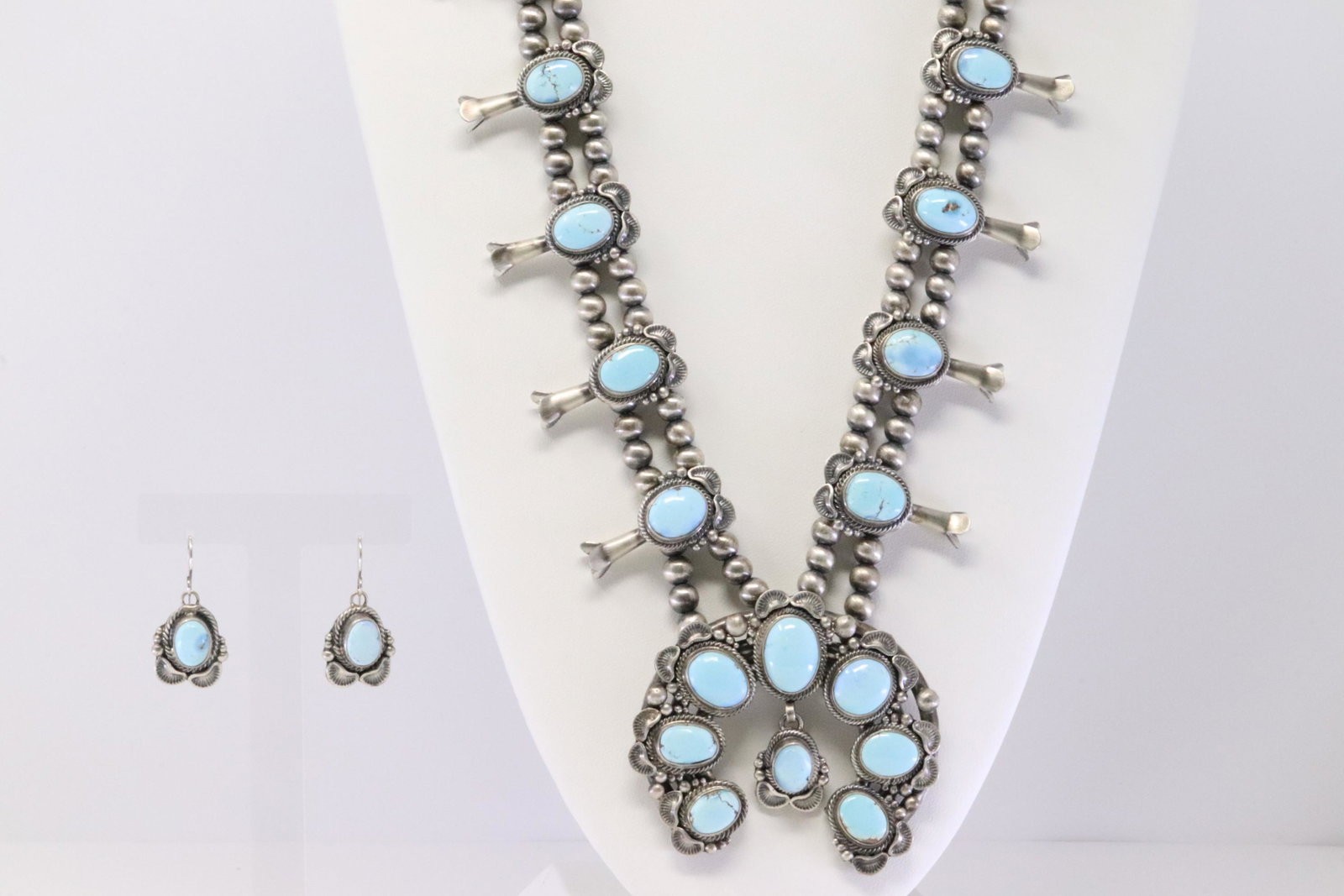 Native American Navajo Handmade Sterling Silver Golden: This is a Native American Navajo Handmade Sterling Silver Golden Hills Turquoise Squash Blossom Necklace & Earring's Set By Thomas Francisco. Necklace length: 26.00"