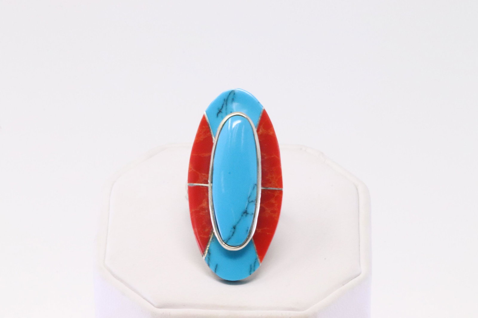 Native American Navajo Handmade Sterling Silver: This is a Native American Navajo Handmade Sterling Silver Synthetic Coral / Turquoise Ring By Julios M. Ring size: 7.00.