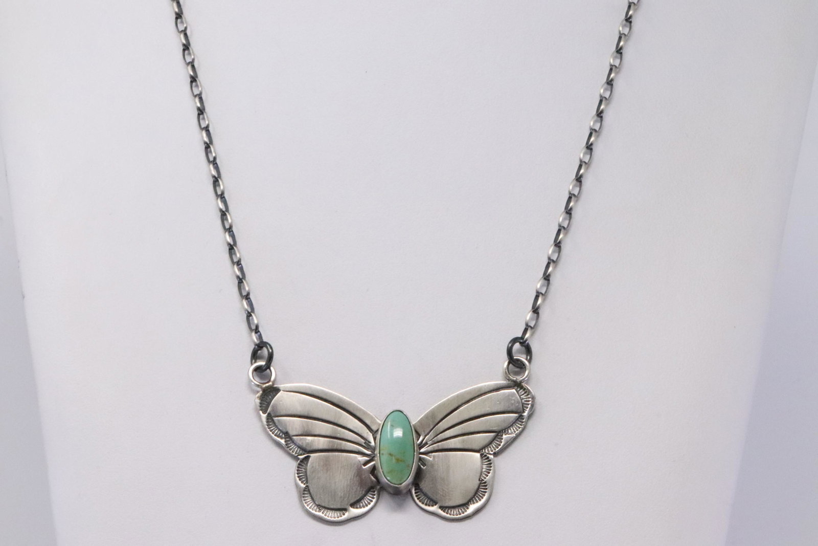 Native America Navajo Handmade Sterling Silver: This is a Native America Navajo Handmade Sterling Silver Turquoise Butterfly Necklace By Rick Enriquez. Necklace length: 18.00"