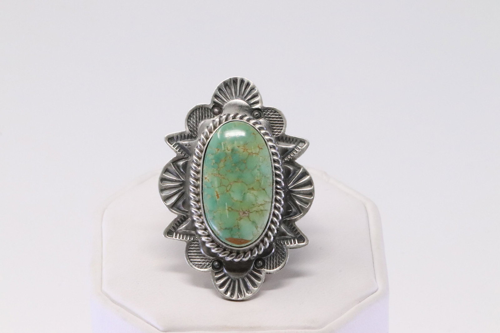 Native American Navajo Handmade Sterling Silver Sonora: This is a Native American Navajo Handmade Sterling Silver Sonora Gold Turquoise Ring By Mary Ann Spencer. Ring size: 8.25.