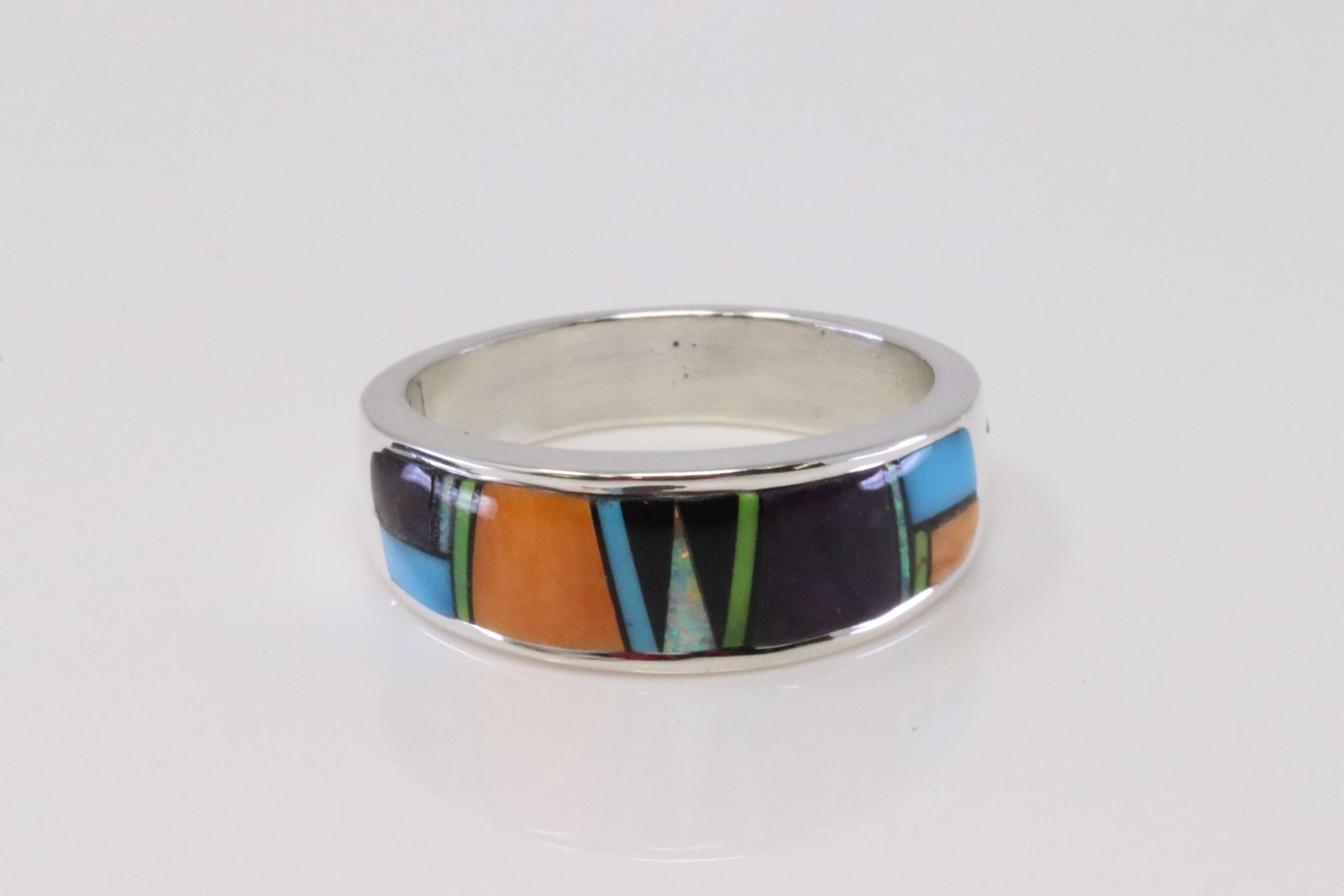 Native America Navajo Handmade Sterling Silver: This is a Native America Navajo Handmade Sterling Silver Multi-Color Inlay Ring By A.T. Ring size: 10.50.