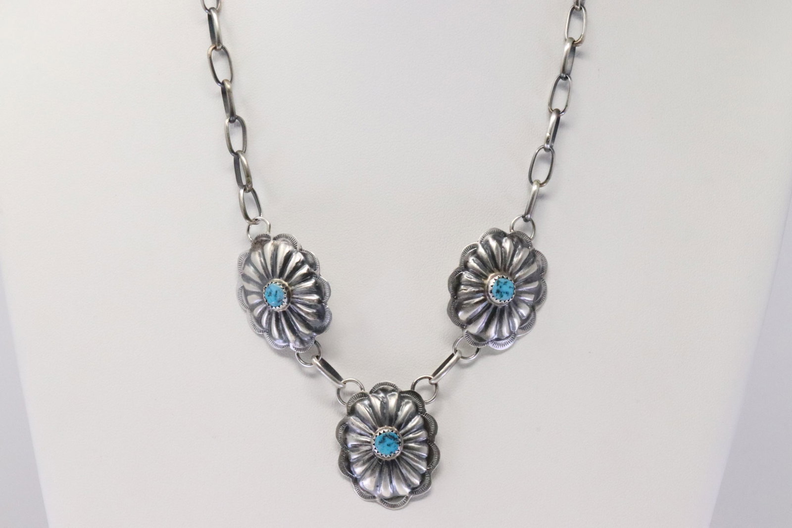 Native American Navajo Handmade Sterling Silver: This is a Native American Navajo Handmade Sterling Silver Turquoise Necklace By Joan Begay. Necklace length: 18.00"