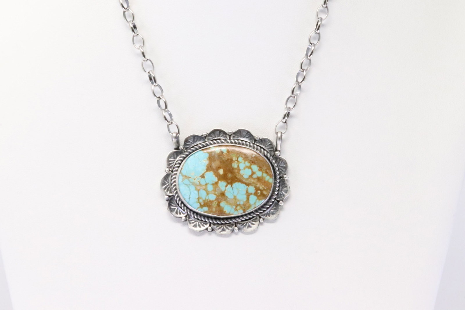 Native American Navajo Handmade Sterling Silver: This is a Native American Navajo Handmade Sterling Silver Turquoise Necklace By Jeff James J. Necklace length: 16.00"