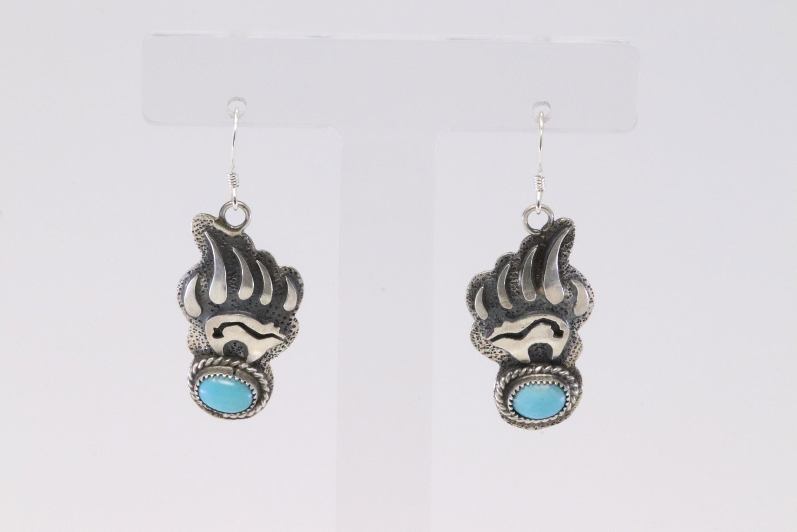 Native American Navajo Handmade Sterling Paw Bear: This is a Native American Navajo Handmade Sterling Paw Bear Turquois Dangling Earring By Ross Antonio.
