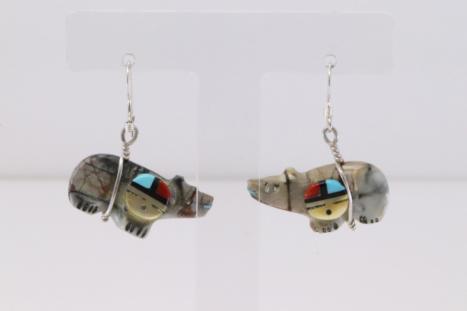 Native America Zuni Handmade Sterling Silver Bear Fetish Dangling Earring's By Darrin Boone. (1 of 4)
