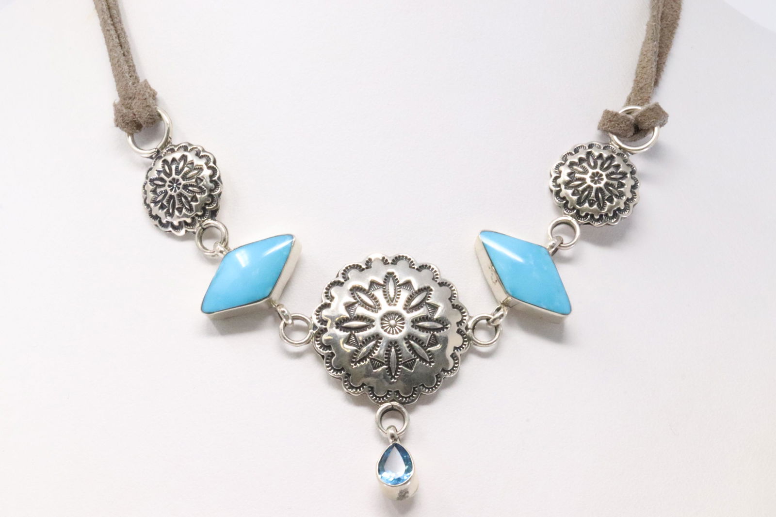 Native America Handmade Navajo Sterling Silver Turquoise / Blue Topaz Leather Necklace By David (1 of 4)