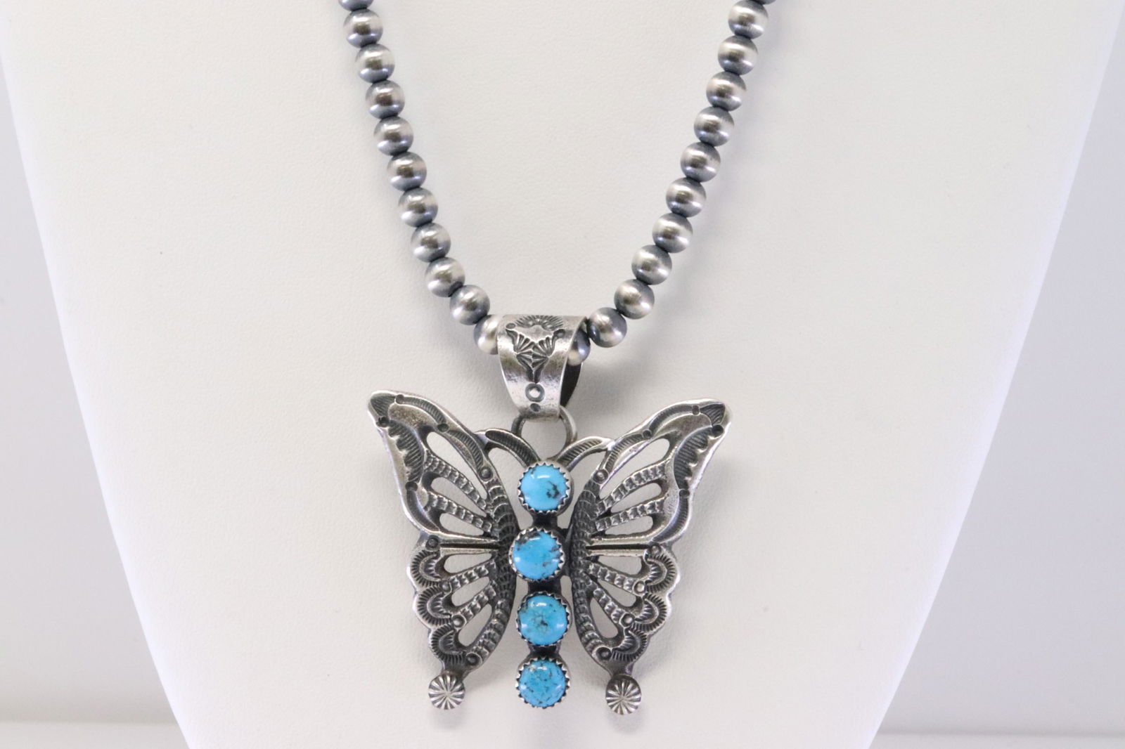 Native American Handmade Sterling Silver Turquoise Butterfly Pendant & Necklace By EL Billah. (1 of 4)