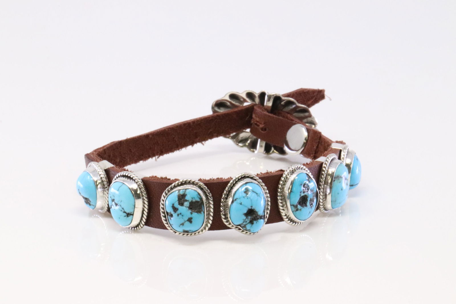 Native America Handmade Navajo Sterling Silver Turquoise Leather Bracelet By BW. (1 of 5)