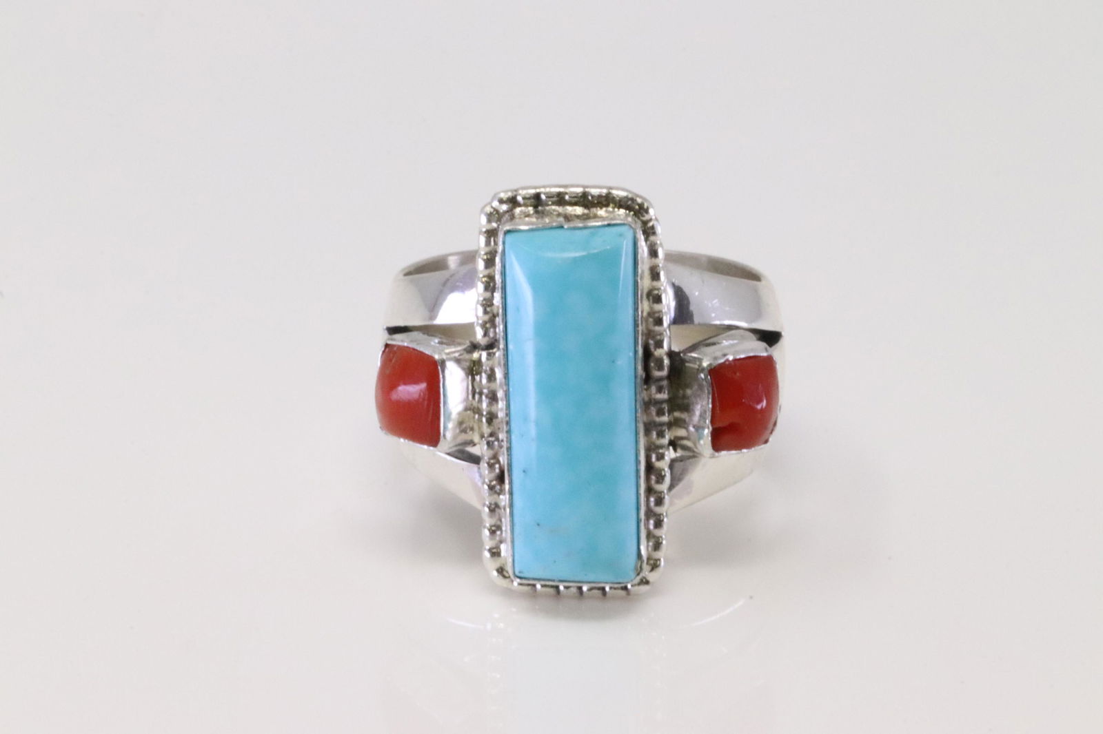 Native America Navajo Handmade Sterling Silver Coral / Turquoise Ring By R.B. (1 of 4)