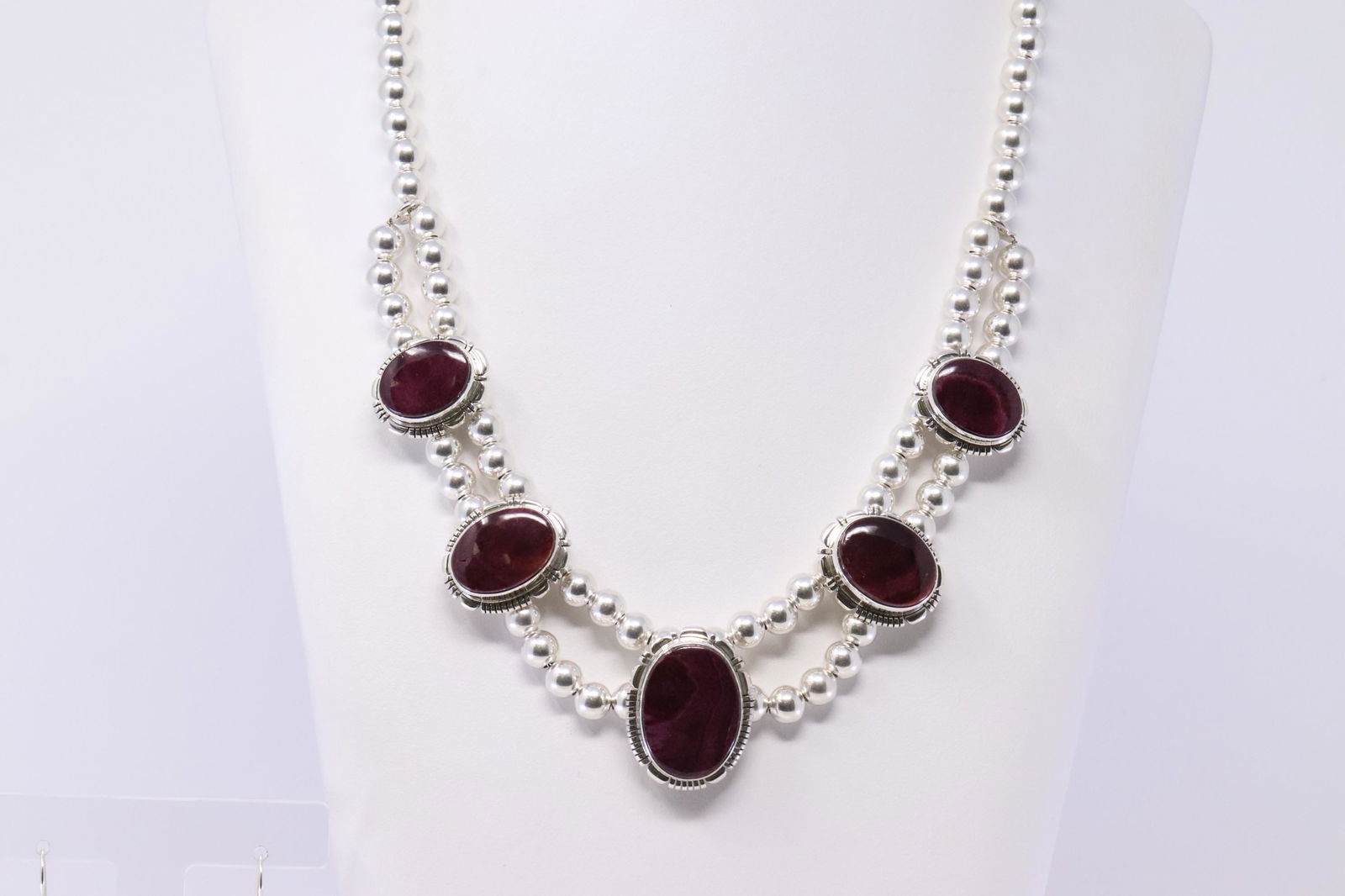 Native American Navajo Handmade Sterling Silver Purple Spiny Oyster Necklace & Earring Set By R.C.C. (1 of 8)