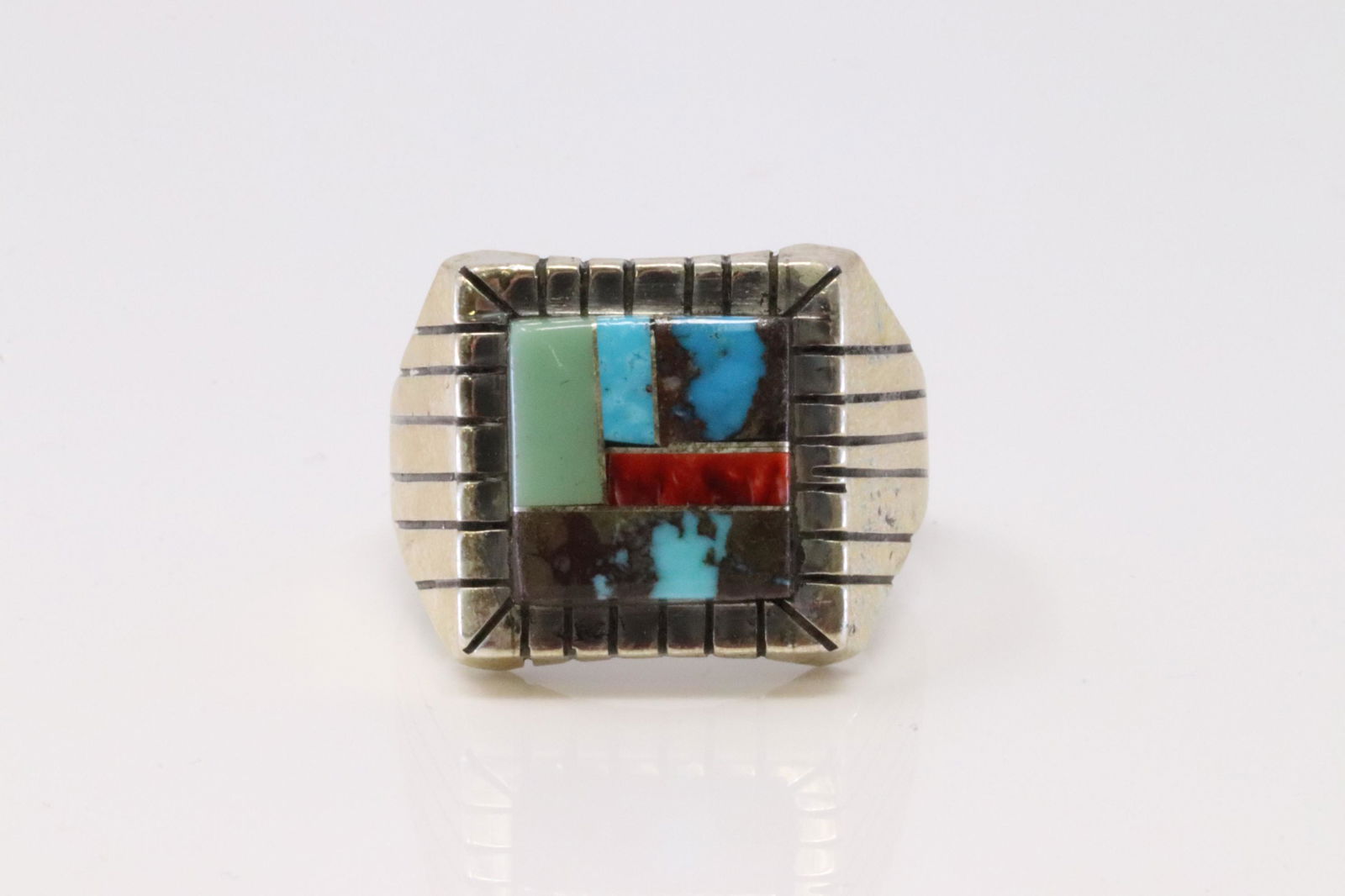Native American Navajo Handmade Sterling Silver Men's Multi-Color Inlay Ring By R. (1 of 4)
