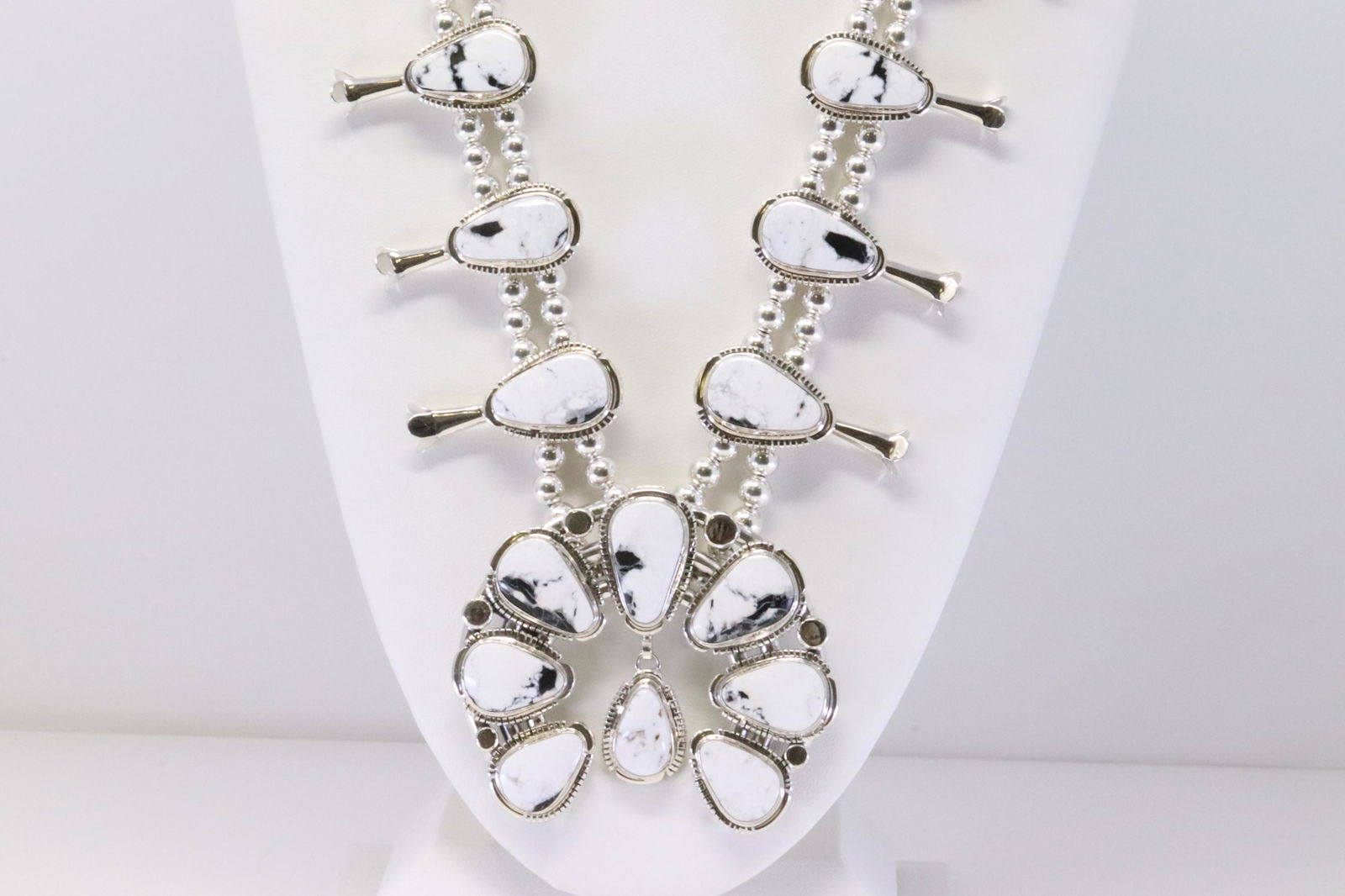 Native American Navajo Handmade Sterling Silver White Buffalo Squash Blossom Necklace & Earring's (1 of 8)