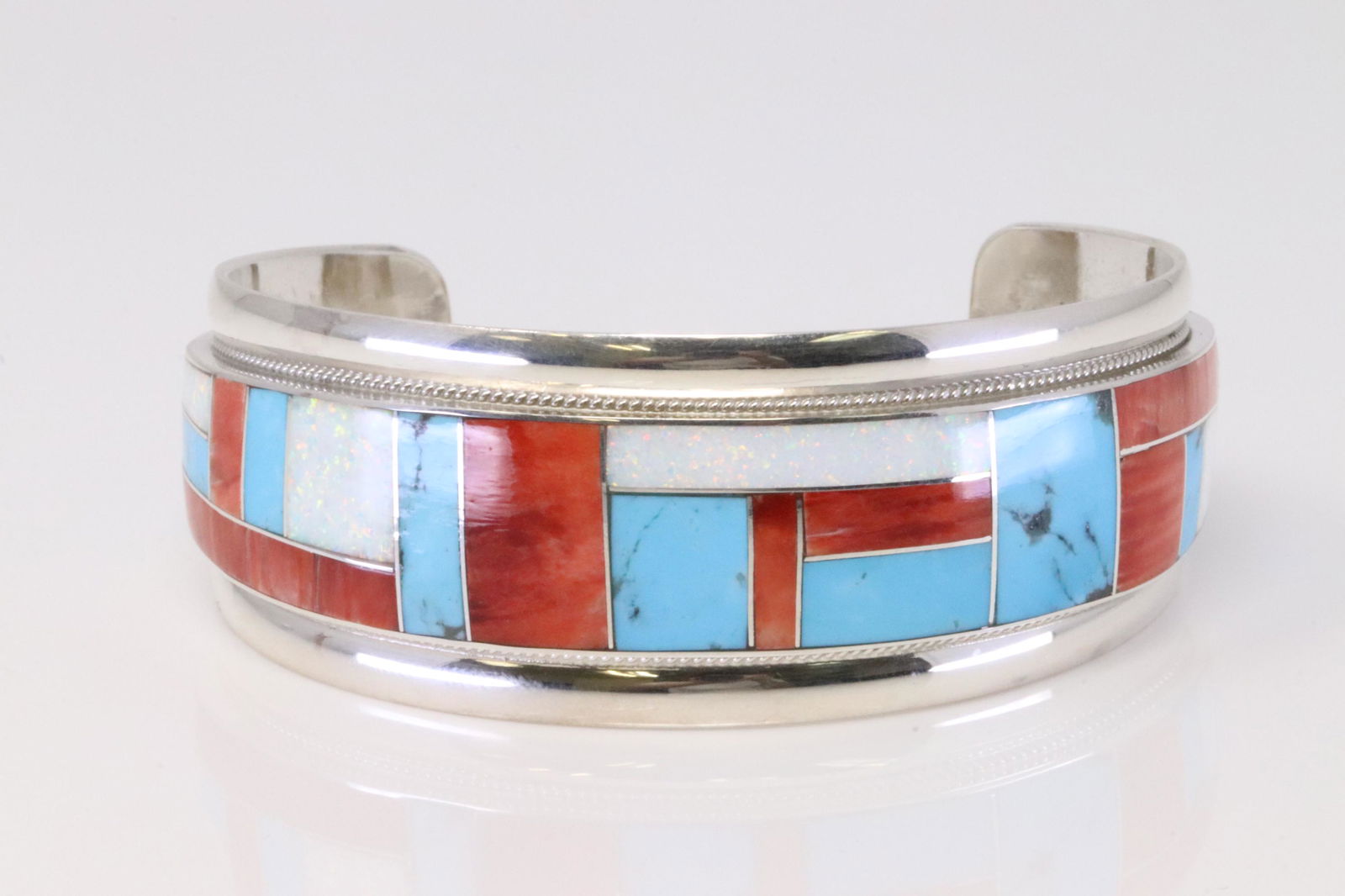 Native American Navajo Handmade Sterling Silver Multi-Color Inlay Bracelet By RGB. (1 of 4)