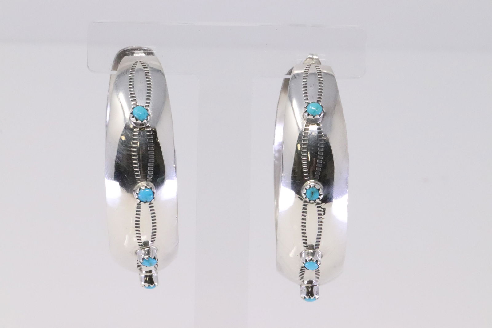Native American Navajo Handmade Sterling Silver Hoop Turquoise Earring's By Ganell Parker. (1 of 5)