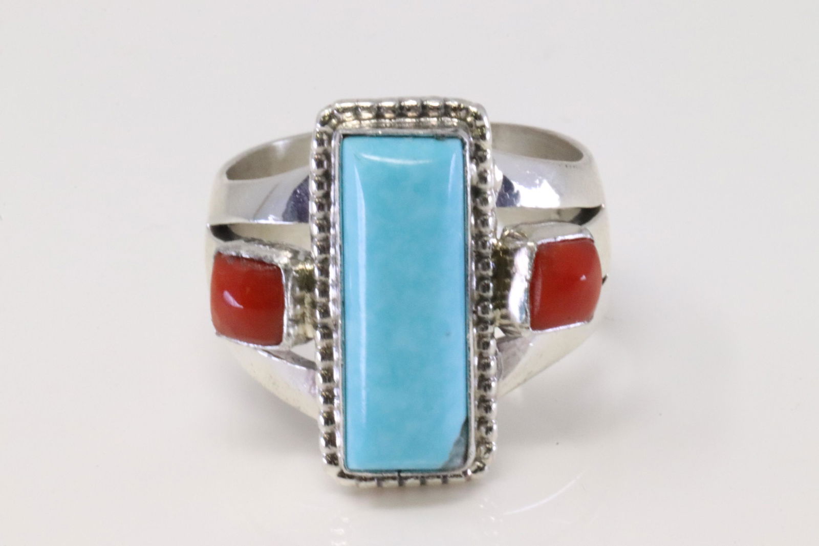 Native American Navajo Handmade Sterling Silver Coral / Turquoise Ring By R.B. (1 of 4)