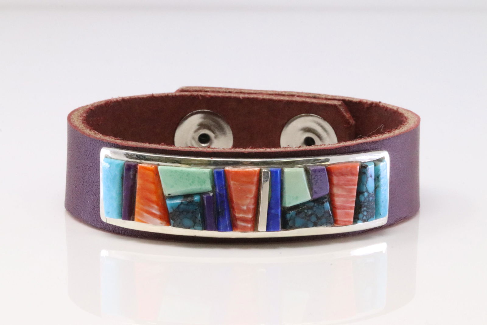 Native America Navajo Handmade Sterling Silver Multi-Color Stones Cuff Leather Bracelet By Edison (1 of 4)