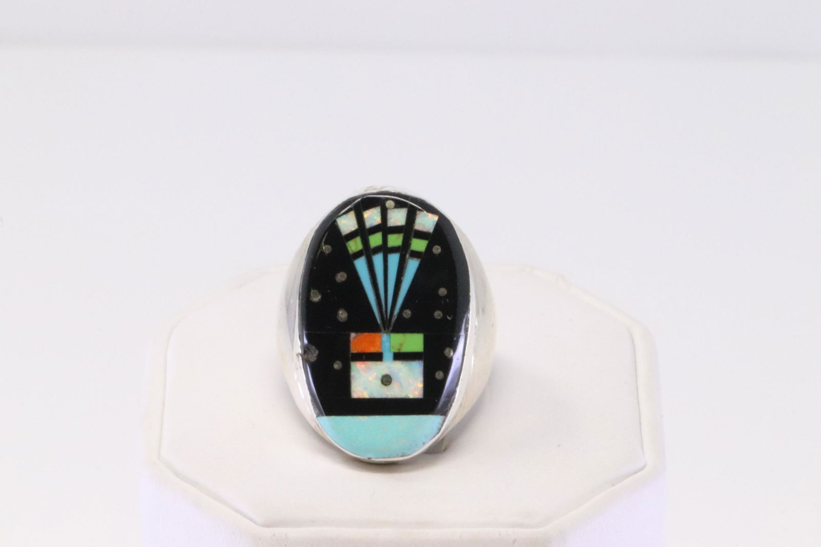 Native American Navajo Handmade Sterling Silver Night Sky Inlay Ring By G. (1 of 4)