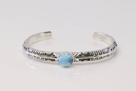 Native America Navajo Handmade Sterling Silver Golden Hill Turquoise Bracelet By B.S.: This is a Native America Navajo Handmade Sterling Silver Golden Hill Turquoise Bracelet By B.S.