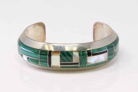 Native America Navajo Handmade Sterling Silver Multi-Color Inlay Bracelet By B.B.: This is a Native America Navajo Handmade Sterling Silver Multi-Color Inlay Bracelet By B.B.