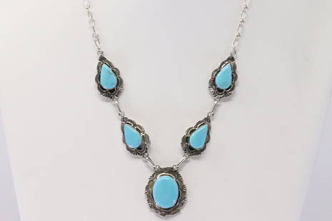 Native America Navajo Handmade Sterling Silver Turquoise Necklace By R.B.: This is a Native America Navajo Handmade Sterling Silver Turquoise Necklace By R.B. Necklace length: 18.00"