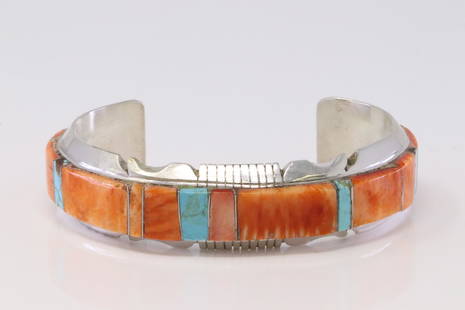 Native America Navajo Handmade Sterling Silver Spiny Oyster / urquoise Bracelet By Steve Francisco.: This is a Native America Navajo Handmade Sterling Silver Spiny Oyster / urquoise Bracelet By Steve Francisco.