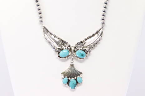 Native America Navajo Handmade Sterling Silver Turquoise Necklace By H.: This is a Native America Navajo Handmade Sterling Silver Turquoise Necklace By H. Necklace length: 18.00"