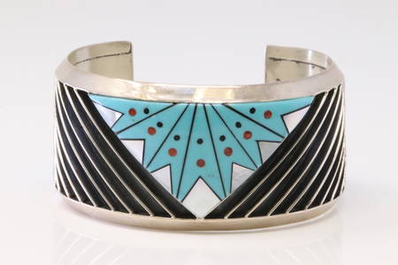 Native America Zuni Handmade Sterling Silver Multi-Color Barcelet Cuff By R.B.