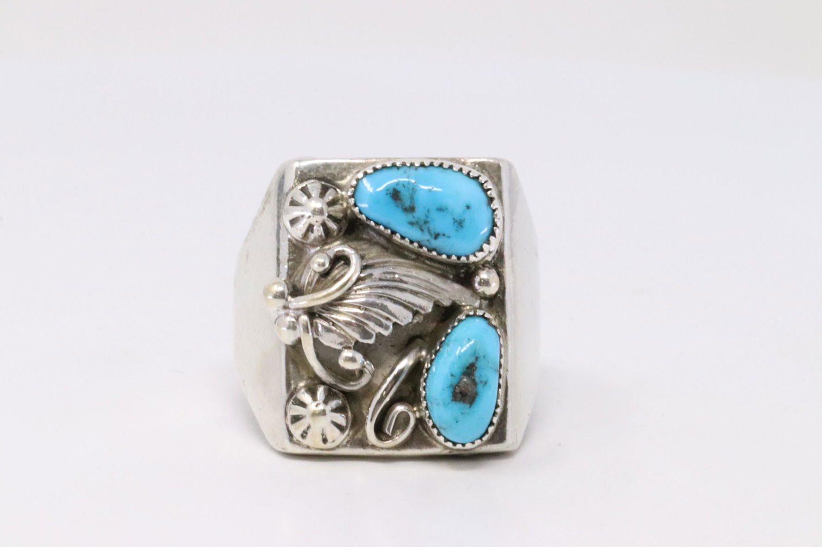 Native America Navajo Handmade Sterling Silver Turquoise Ring Leaf Cuff. (1 of 4)