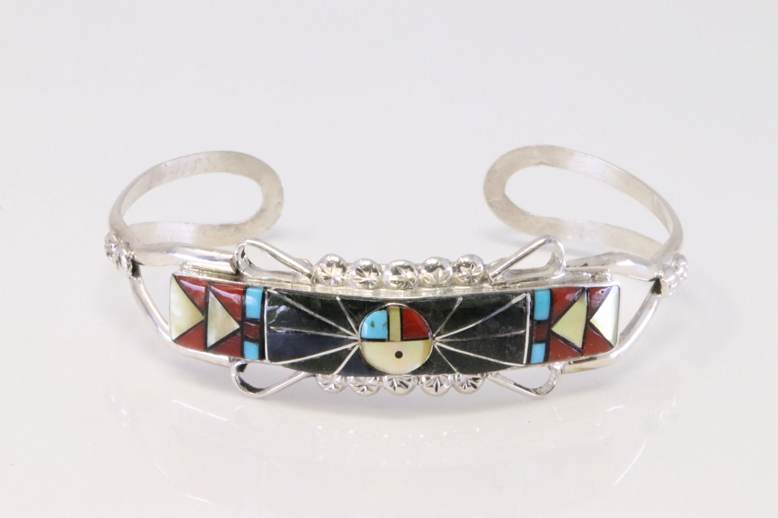 Native America Zuni Handmade Sterling Silver Multi-Color Inlay Sunface Bracelet By Ola Eriacho. (1 of 4)