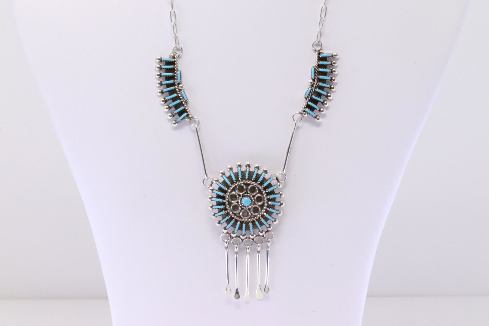 Native America Zuni Handmade Sterling Silver Turquoise Necklace & Earring's Set By Philander Gia.: This is a Native America Zuni Handmade Sterling Silver Turquoise Necklace & Post Earring's Set By Philander Gia. Necklace length: 18.00"