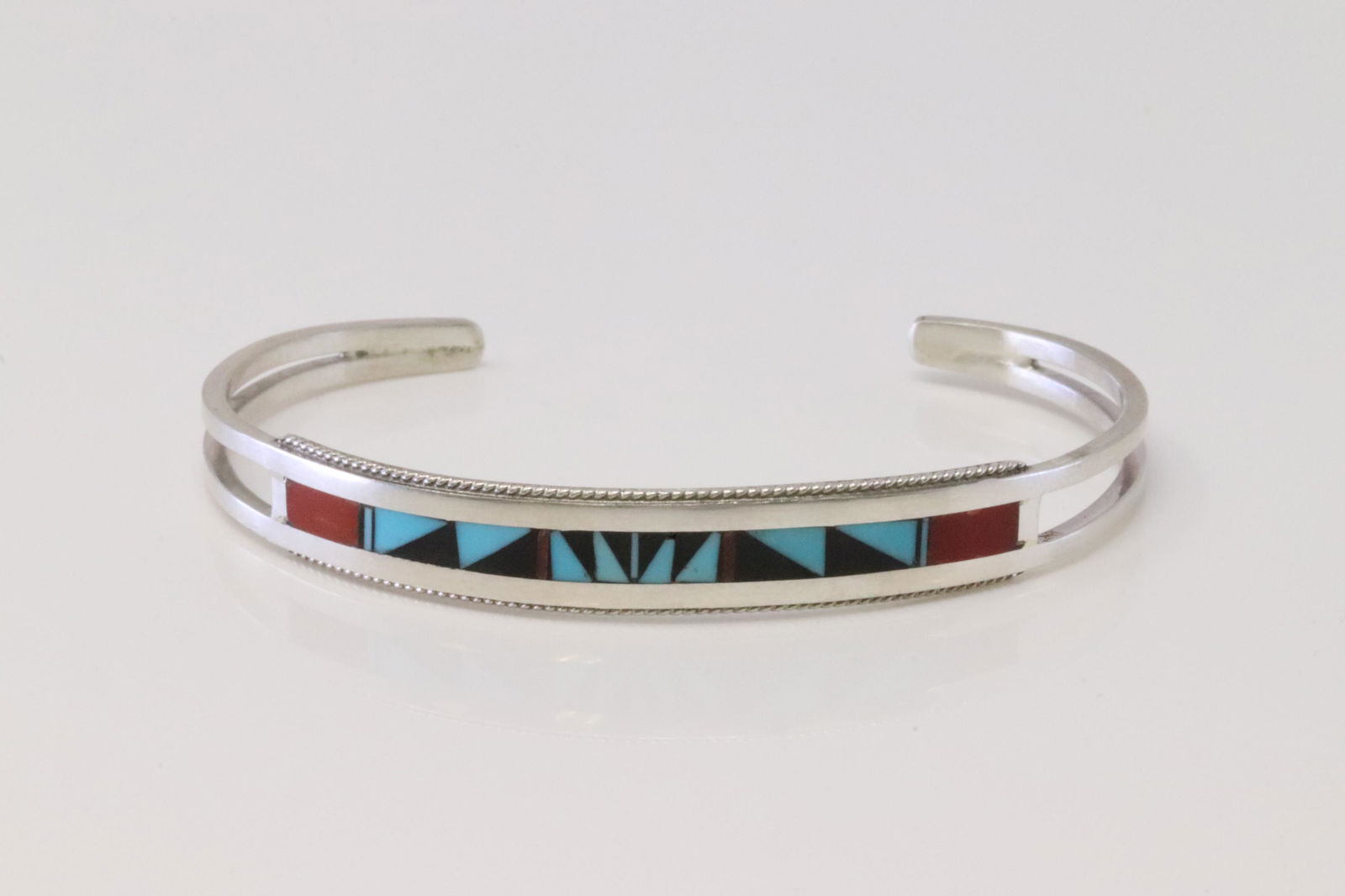 Native America Handmade Zuni Sterling Silver Turquoise Multi-Stone Inaly Bracelet By Weahke. (1 of 4)