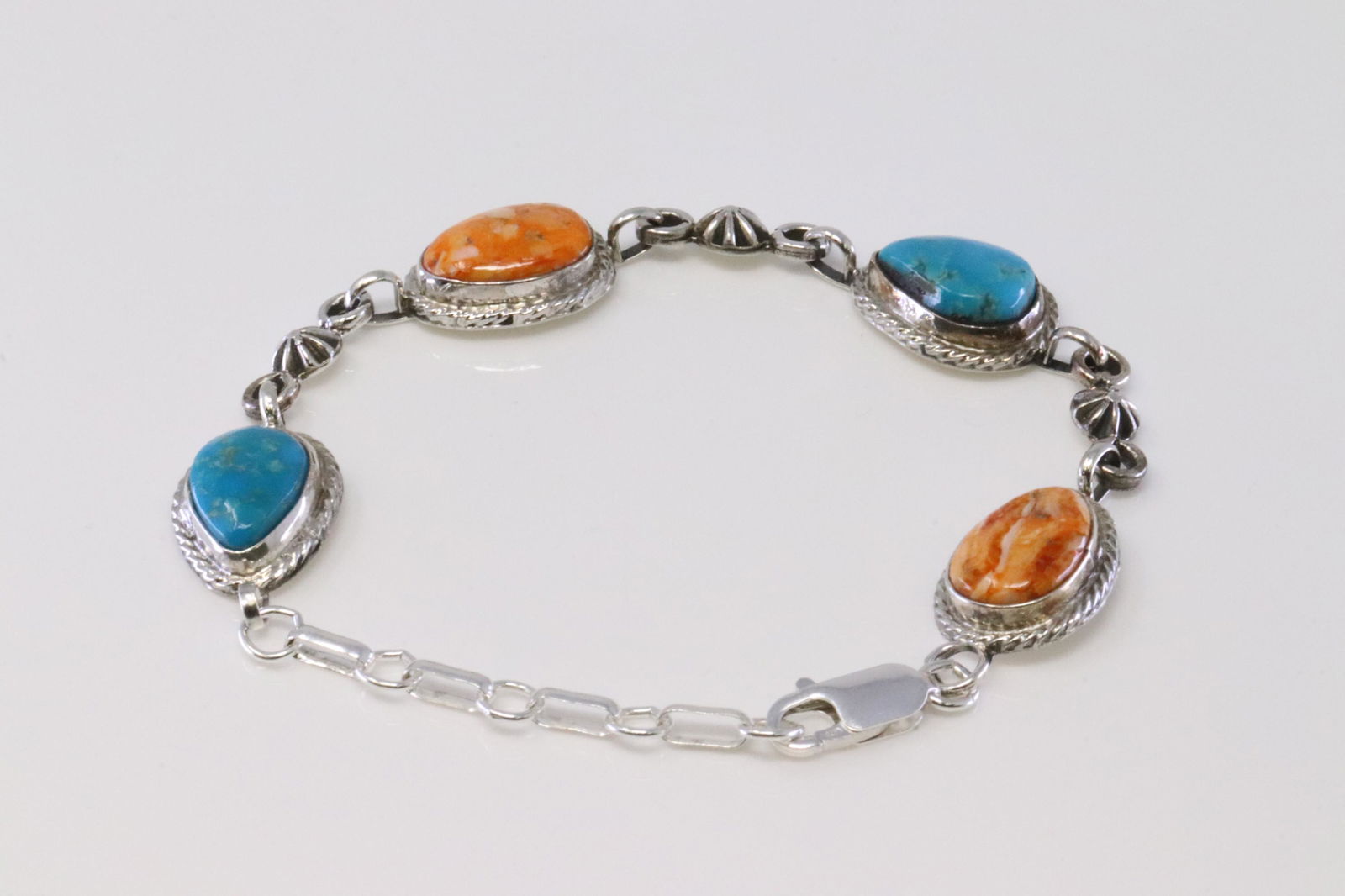 Native America Navajo Handmade Sterling Silver Spiny Oyster / Turquoise Link Bracelet By Mark (1 of 5)