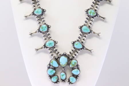 Native America Navajo Handmade Sterling Silver Sonora Gold Turquoise Squash Blossom Necklace &